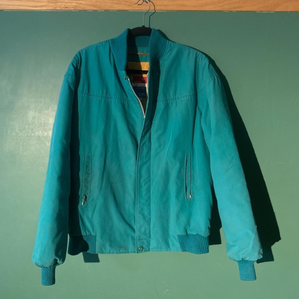 Vintage 80s Varsity by Catalina Teal Green Bomber Jacket Mens Medium 40 Long